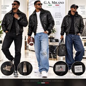 G.A Millano Mens XL Black Leather Jacket Made In Italy Bomber NWT Full Zip